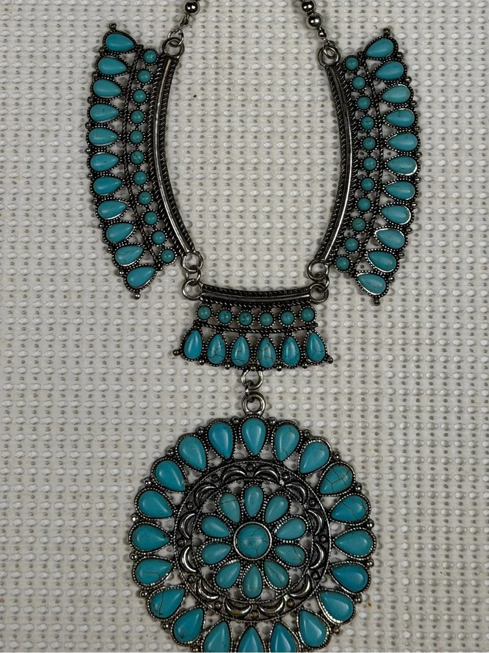 Faux Turquoise Teardrop Bold Statement Necklace - Aztec, Native American,